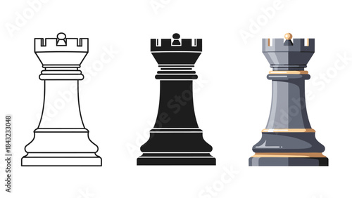 Set of three chess rook pieces presenting outline silhouette and full color versions on a clean white background