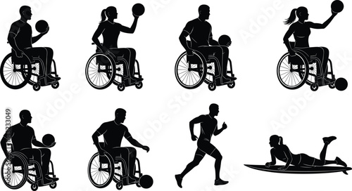 Inclusive athlete silhouette vector collection showcasing adaptive athletes in various sports like wheelchair basketball, sprinting, and surfing for design use