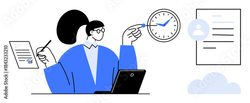 Time management, business productivity, digital workflow, task prioritization, remote work, deadline tracking. Woman holding a pen and clock with paperwork and laptop. Time management and business