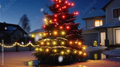 colorful lights on the Christmas tree in a snowy night are lit up one by one, with warm yellow, red and gold lights interweaving, and snowflakes falling slowly