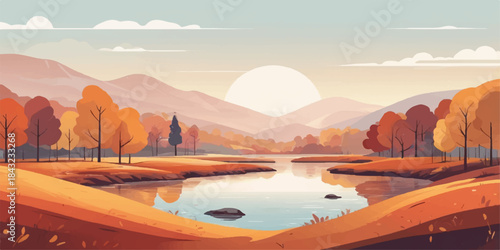 Sunset landscape view with mountains reflecting over the lake water