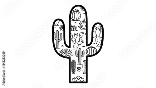 A black and white illustration of a cactus with various desert plants and animals drawn on it in a whimsical style isolated on white background, Generative AI.