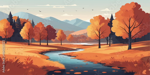 Autumn forest landscape panorama with colorful trees and mountains reflecting in the lake at sunrise