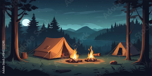 Night camping with a sailboat illuminated on the lake water under a summer sky