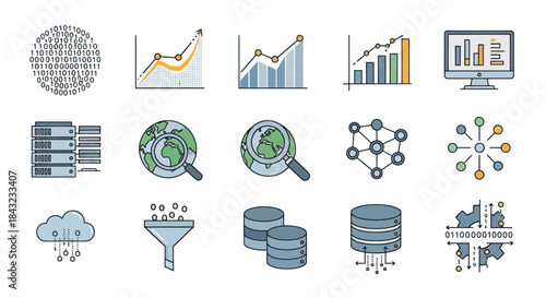 Collection of Hand-Drawn Data Analytics and Technology Icons in Doodle Style.