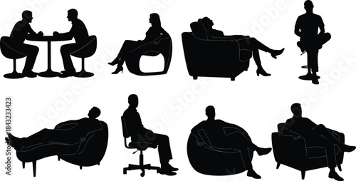 Seated people silhouettes on various furniture types, ergonomic poses, casual and relaxed sitting positions, black vector illustration for design use