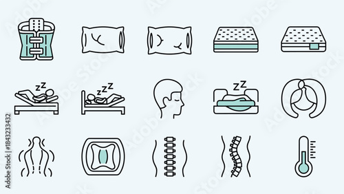 Collection of various sleep and insomnia related icons and symbols in line art style on light blue background, Generative AI.