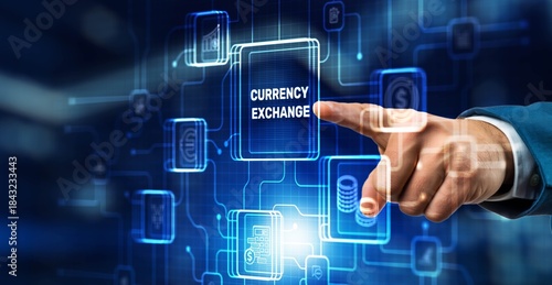 Currency technology concept. Transaction currency exchange, blockchain technology. International money transfer, banking payment