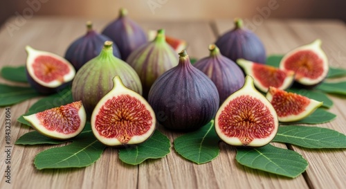 Fresh figs on a wooden table with green leaves.