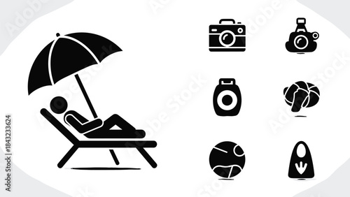 Black icons of summer vacation objects and a person relaxing on a lounge chair under an umbrella isolated on white background, Generative AI.