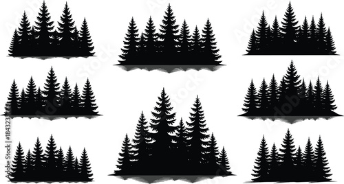 Set of 8 pine tree cluster silhouettes with forest shapes, nature elements, and “No Trespassing” sign for outdoor design themes
