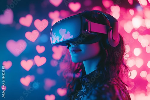 Woman Immersed in Virtual Reality with HeartShaped Bokeh Lights 1, Generative AI.