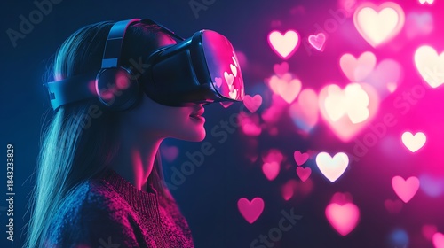 Woman Experiencing Virtual Reality with Pink Hearts Floating Around Her, Generative AI.