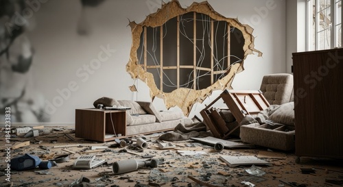 A destroyed room with a large hole in the wall, furniture scattered on the floor, and debris on the floor.