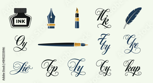 Collection of Elegant Calligraphy Pens Ink Bottle and Lettering Elements.