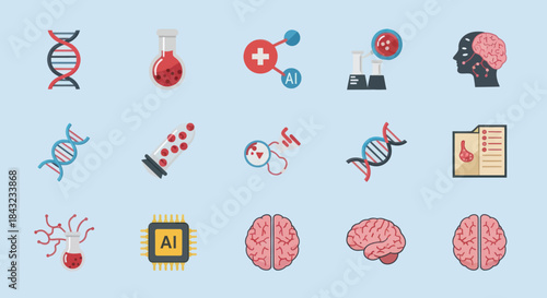 Science and Medicine Icons: DNA Test Tubes Brains and AI Chip.