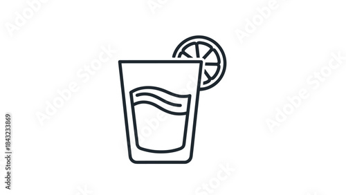 A line drawing of a glass with a wavy line inside and a lemon slice on the rim isolated on white background, Generative AI.