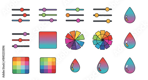 Colorful Digital Design Elements: Sliders Color Palettes and Drops.