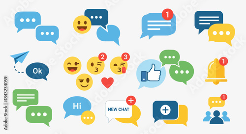 Vibrant Digital Communication Icons Set: Flat Design Chat Bubbles Emojis and Notification Symbols.