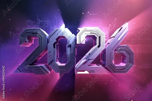 The image is a futuristic representation of the year 2026 