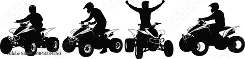 Set of black silhouette ATV riders in dynamic poses for off-road sport, adventure design, vector illustration, and motion reference use