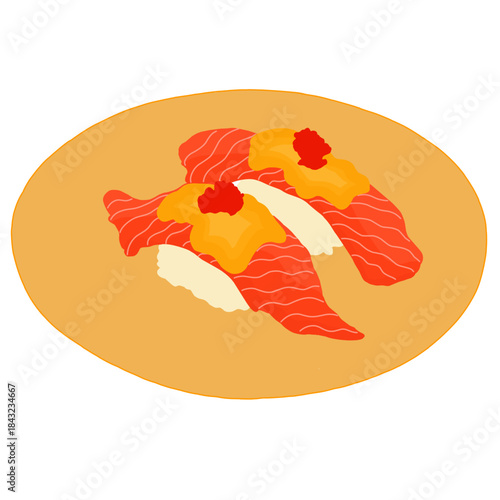 A vibrant, minimalist illustration of two pieces of salmon nigiri sushi, each topped with rich sea urchin (uni) and a dash of bright red garnish