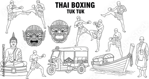 Thai culture illustration set, Muay Thai boxing sketch, tuk tuk and Buddha drawing, traditional icons, flat vector illustration