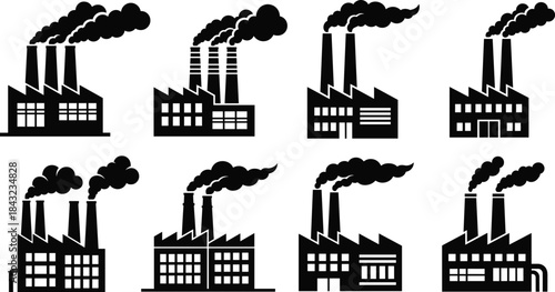 Industrial factory silhouette icons with smoke stacks, ideal for pollution concept, urban planning, environmental impact, and vector design projects.