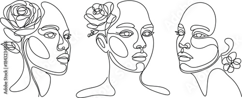 Three Line Faces with Floral in Black and White line black and white