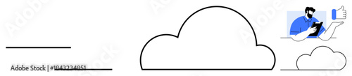 Cloud computing, digital communication, remote access, user interaction, tech support, online services. Illustrated cloud symbol and person with tablet. Cloud computing and digital communication