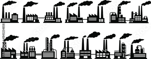 Industrial factory silhouette icons with chimneys, smoke, cooling towers, and structural elements for manufacturing, pollution, and urban development themes.