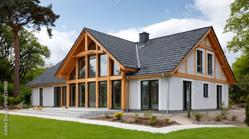 Modern timber frame house exterior with large windows