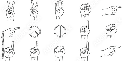Hand gesture and peace symbol illustration, expressive signs sketch, communication icons drawing, cultural reference art, flat vector illustration