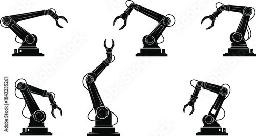 Industrial robotic arm silhouettes in multiple positions showing automation, flexibility, and mechanical movement for factory and engineering vector use
