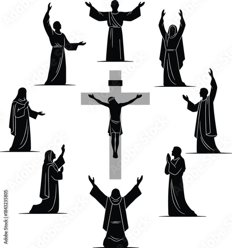 Jesus crucifixion silhouette with worshippers, religious Christian vector art showing prayer, mourning, faith, devotion, and spiritual symbolism in black