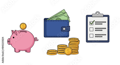 Piggy Bank Wallet with Money Coins and Clipboard Checklist Illustration.