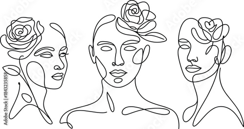 Three Line Women Faces with Roses floral black and white