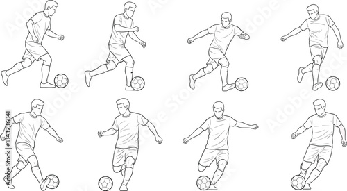 Soccer kicking pose illustration, dynamic player sketch, ball control movement, sports training reference, athletic action, flat vector illustration
