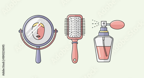 Vector Illustration of Beauty Accessories: Mirror Brush Perfume Bottle.
