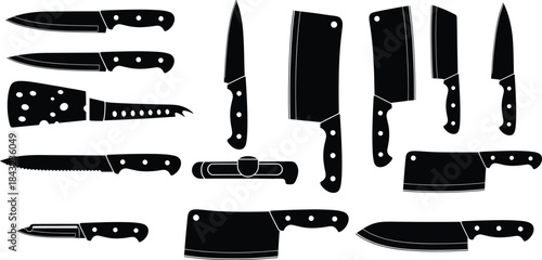 Kitchen knife silhouette vector set featuring chef, cleaver, paring, serrated, boning tools with black handles for culinary design