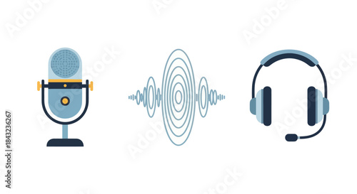 Vector Illustration of Microphone Sound Wave and Headset.