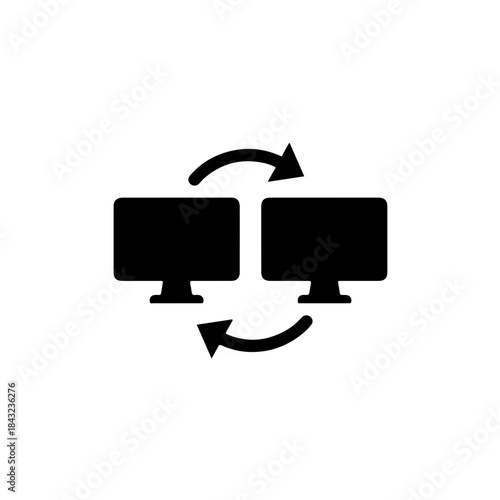 line art featuring two computer monitors connected by a bidirectional arrow, symbolizing modern digital diplomacy, information exchange, and the crucial role of technology