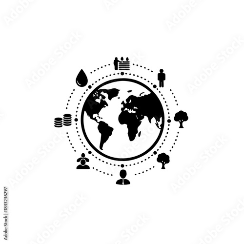 line art of a world map surrounded by various small symbols (water, currency, human figure, tree) representing the Sustainable Development Goals (SDGs). focus on sustainable development, global welfar