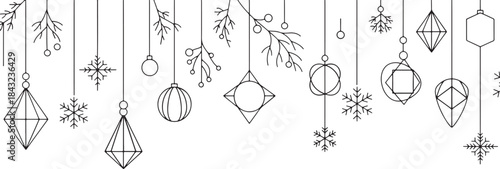 Winter holiday ornaments and snowflakes hanging border, geometric baubles with branches in black and white line art style for festive decoration.