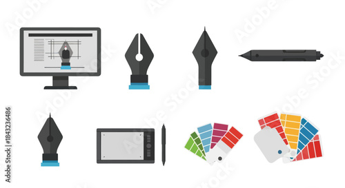 Graphic Design Tools: Computer Pen Tool Tablet and Color Swatches.