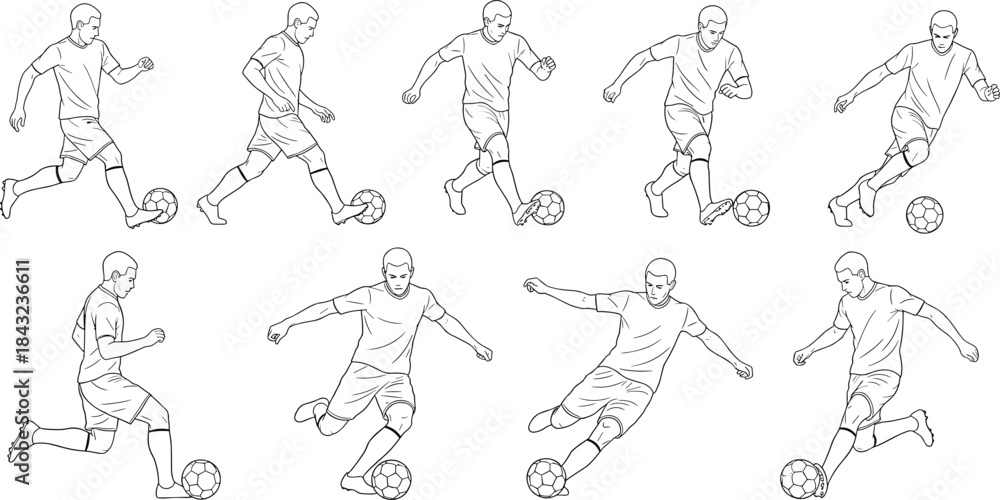 Fototapeta premium Soccer kick motion, football player sequence, sports technique illustration, athletic movement breakdown, training visual guide, flat vector illustration