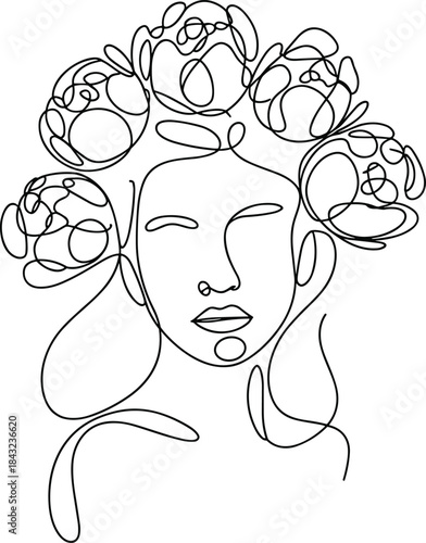 Black and white line of a woman with floral hair line woman
