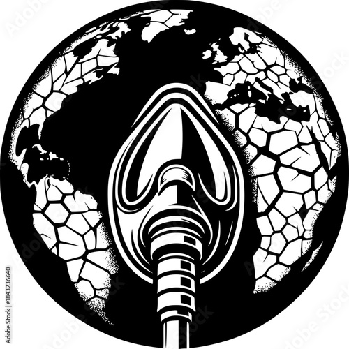 Global Breath: An evocative illustration of the Earth enclosed within a gas mask, symbolizing the planet's need for vital air, its fragility, and the pressing call for environmental protection.