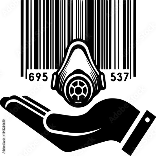 Modern Safety Symbol: A graphic depicting a protective mask, held delicately in a hand, is juxtaposed against a barcode, symbolizing an inspection.