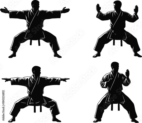 Martial arts seated silhouette set showing traditional gi poses with defensive and offensive hand gestures for combat training vector design